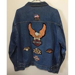 Guide Gear‎ Mens Lined Jean Jacket Size XL With Vintage Harley Patches